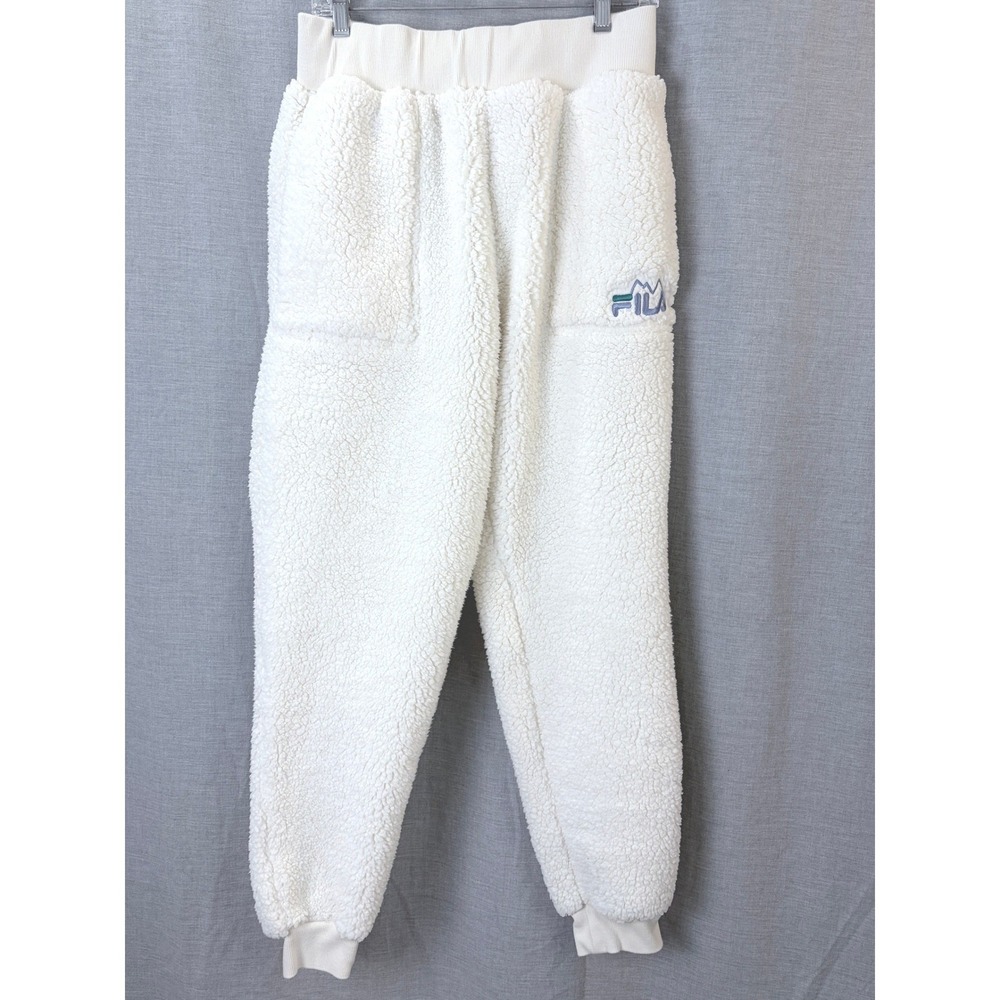 FILA White Faux Sherpa Joggers Sweatpants Elastic Cuff‎ Teddy Cozy Lounge M